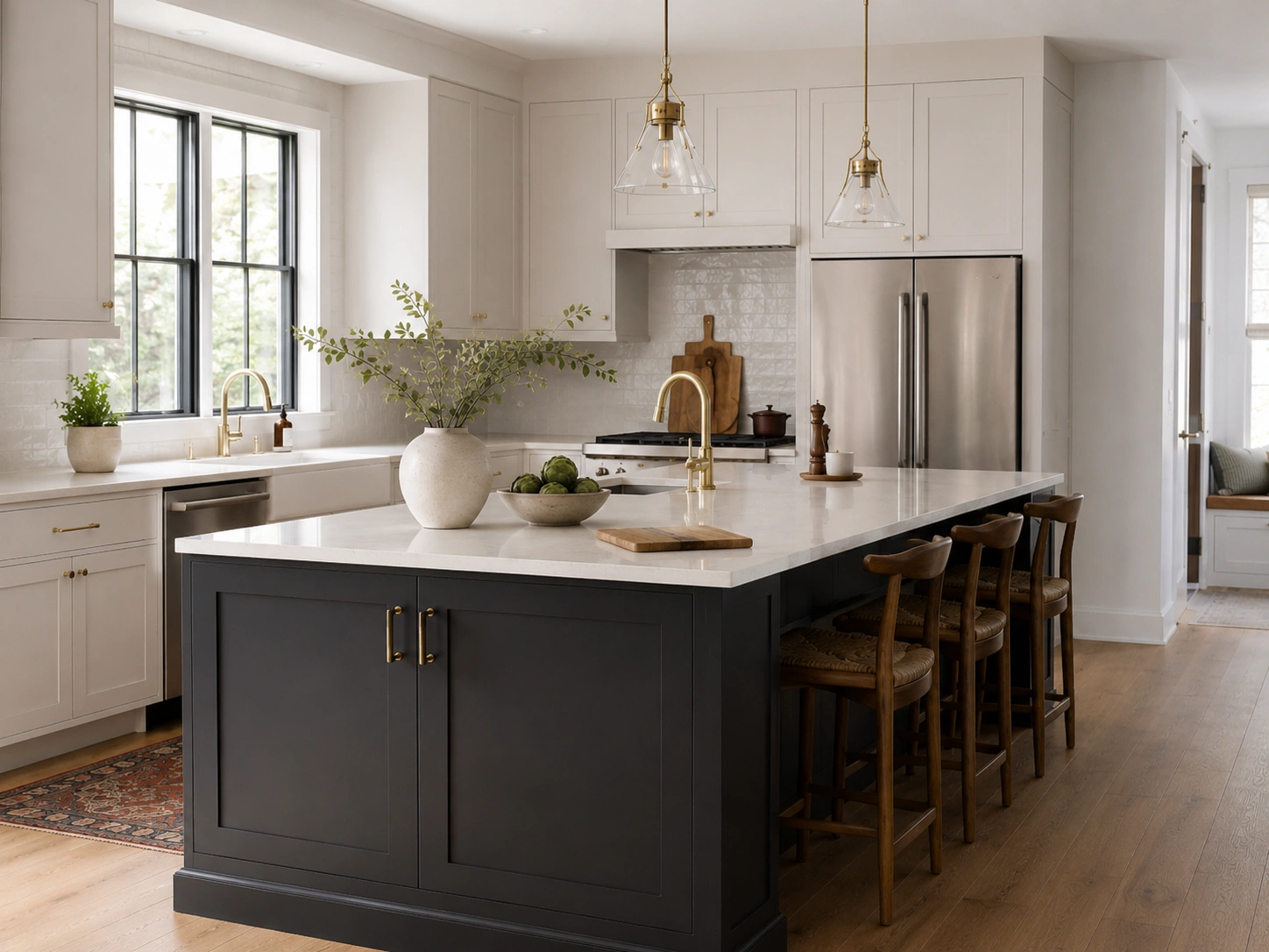 Two-tone kitchen island with a dark base, white quartz countertop, brass fixtures, and wood bar stools.