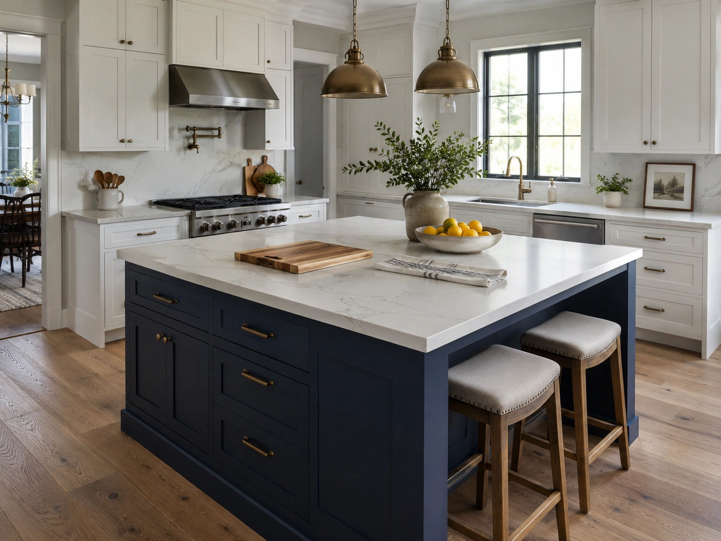 Two-tone kitchen island with navy base, white quartz countertop, brass pendants, and white cabinets.