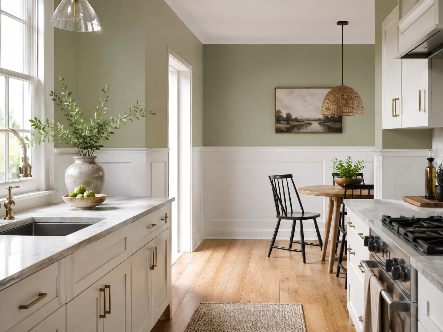 two-tone-sage-green-walls-white-wainscoting-kitchen