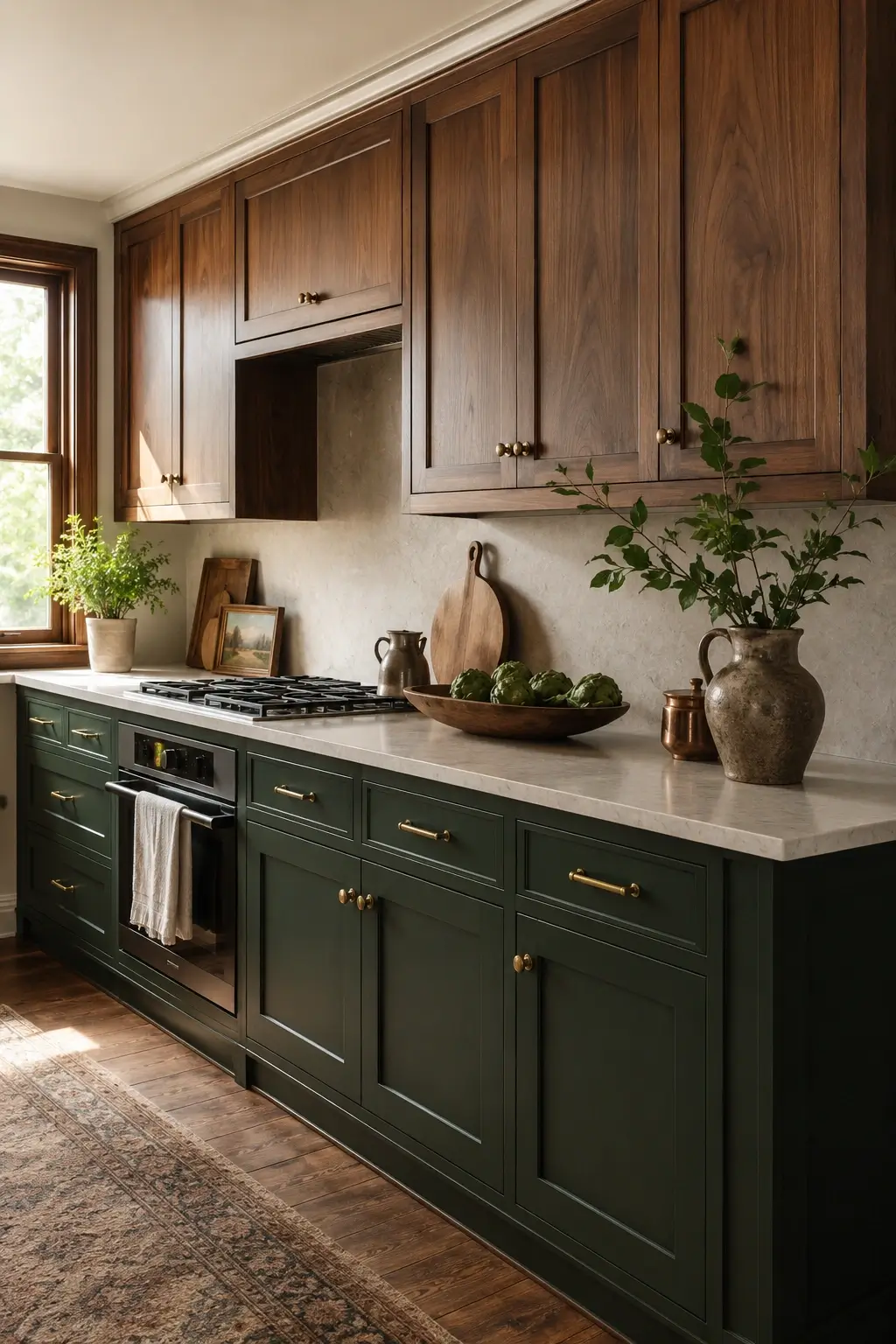 Two-tone kitchen with walnut upper cabinets, green lower cabinets, brass hardware, and stone countertop.