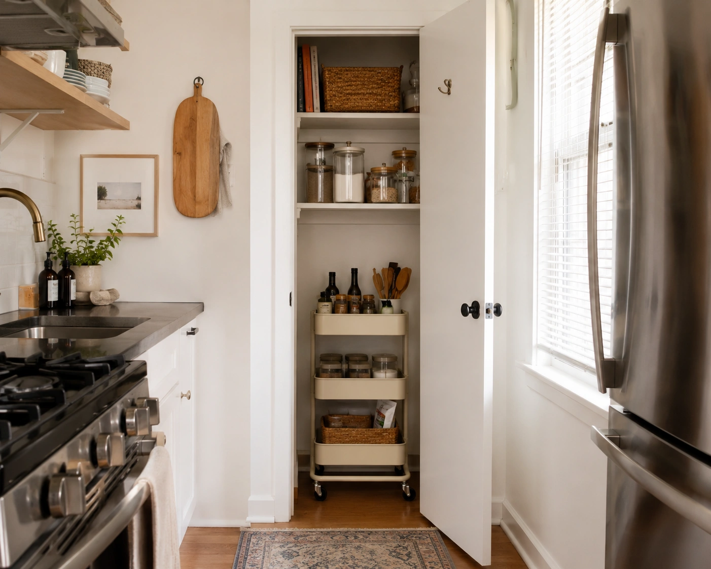 Under-16-inch rolling cart parked inside a small kitchen pantry closet