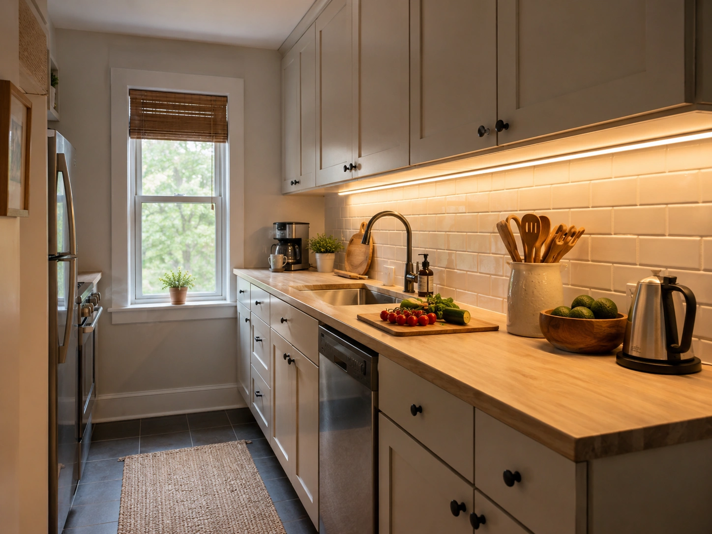 Galley kitchen with warm LED strip lighting under upper cabinets above a white subway tile backsplash.