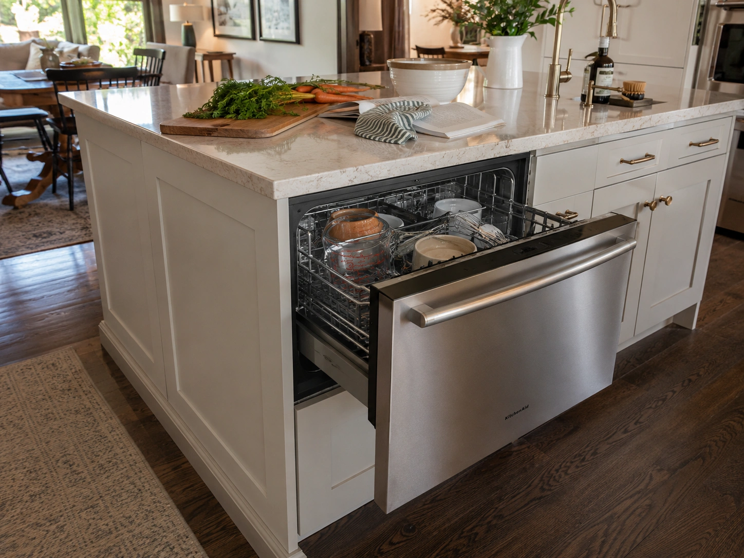 Under-counter dishwasher drawer open in a white kitchen island with dishes, quartz countertop, and prep items.