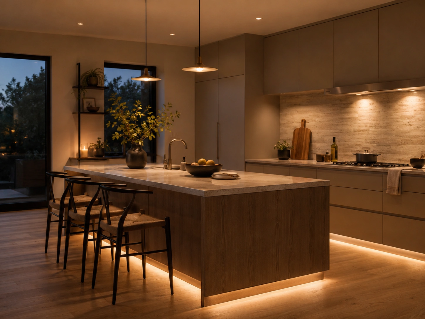 Modern kitchen island with warm under-island LED toe-kick lighting and pendant lights.