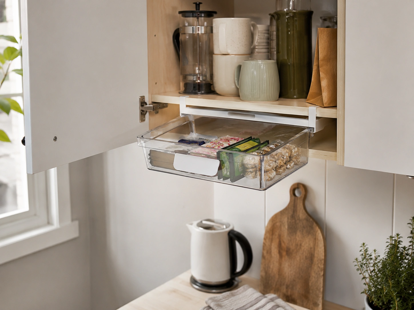 Under-shelf pull-out basket storing snacks inside a small kitchen cabinet