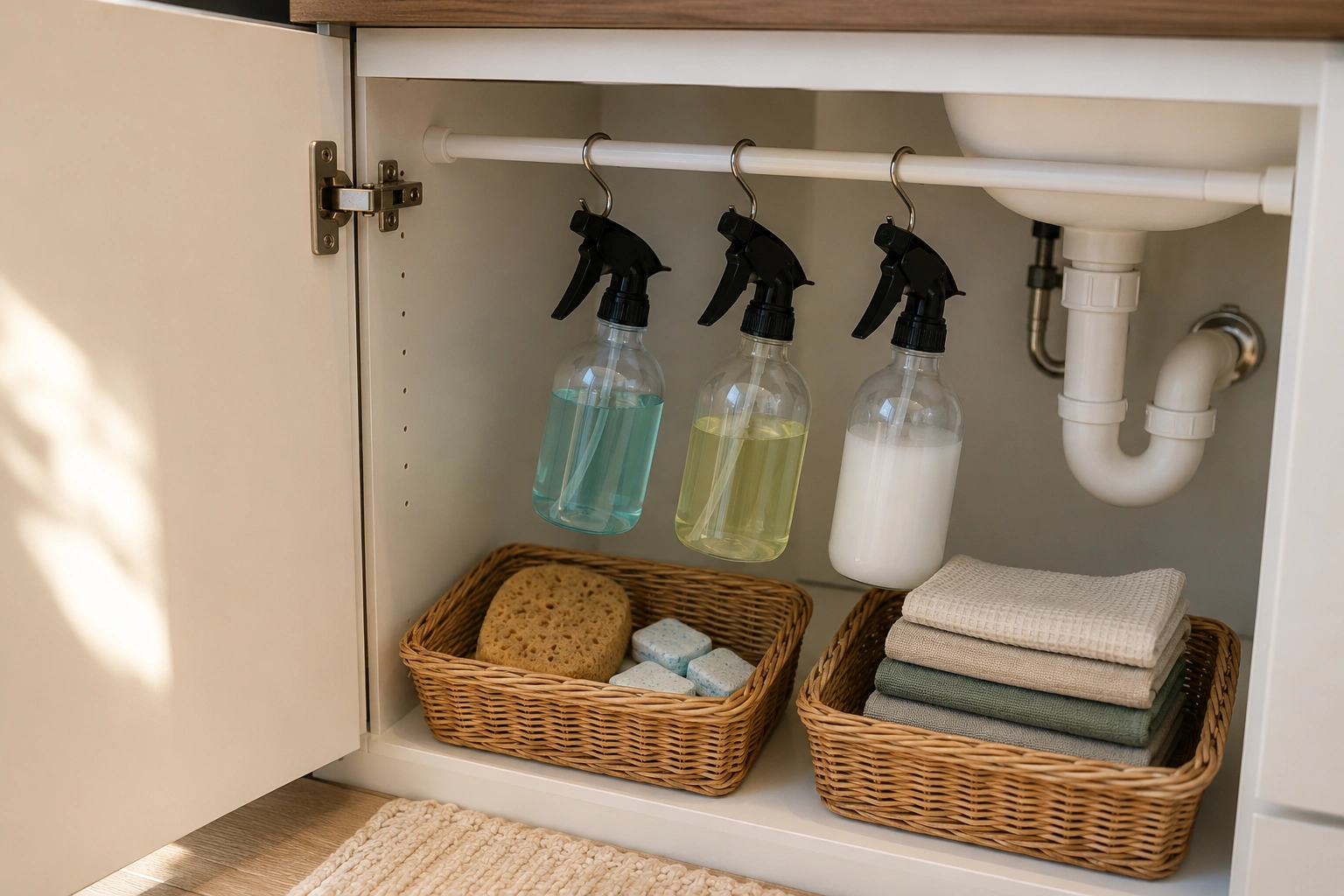 Under-sink tension rod organizer with hanging spray bottles and wicker baskets for bathroom storage.