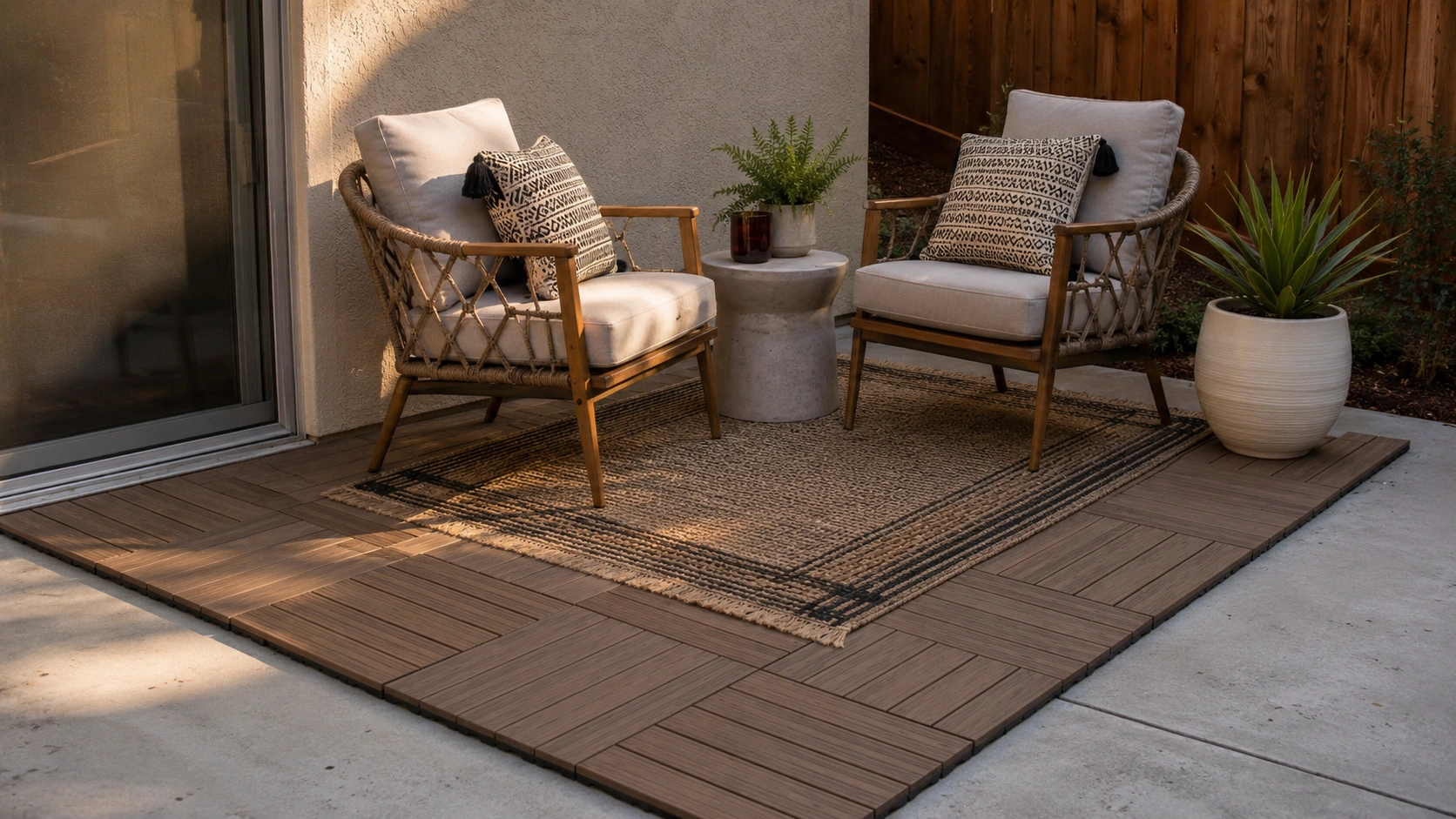 Small patio with updated concrete paver floor, wood-look tiles, outdoor chairs, rug, and planter.