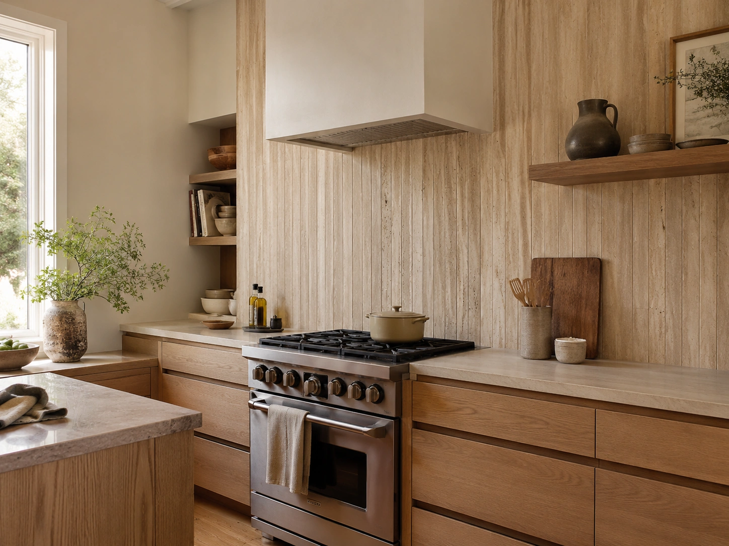 Vein-cut travertine tiles laid vertically behind a range to make a warm wood kitchen feel taller.