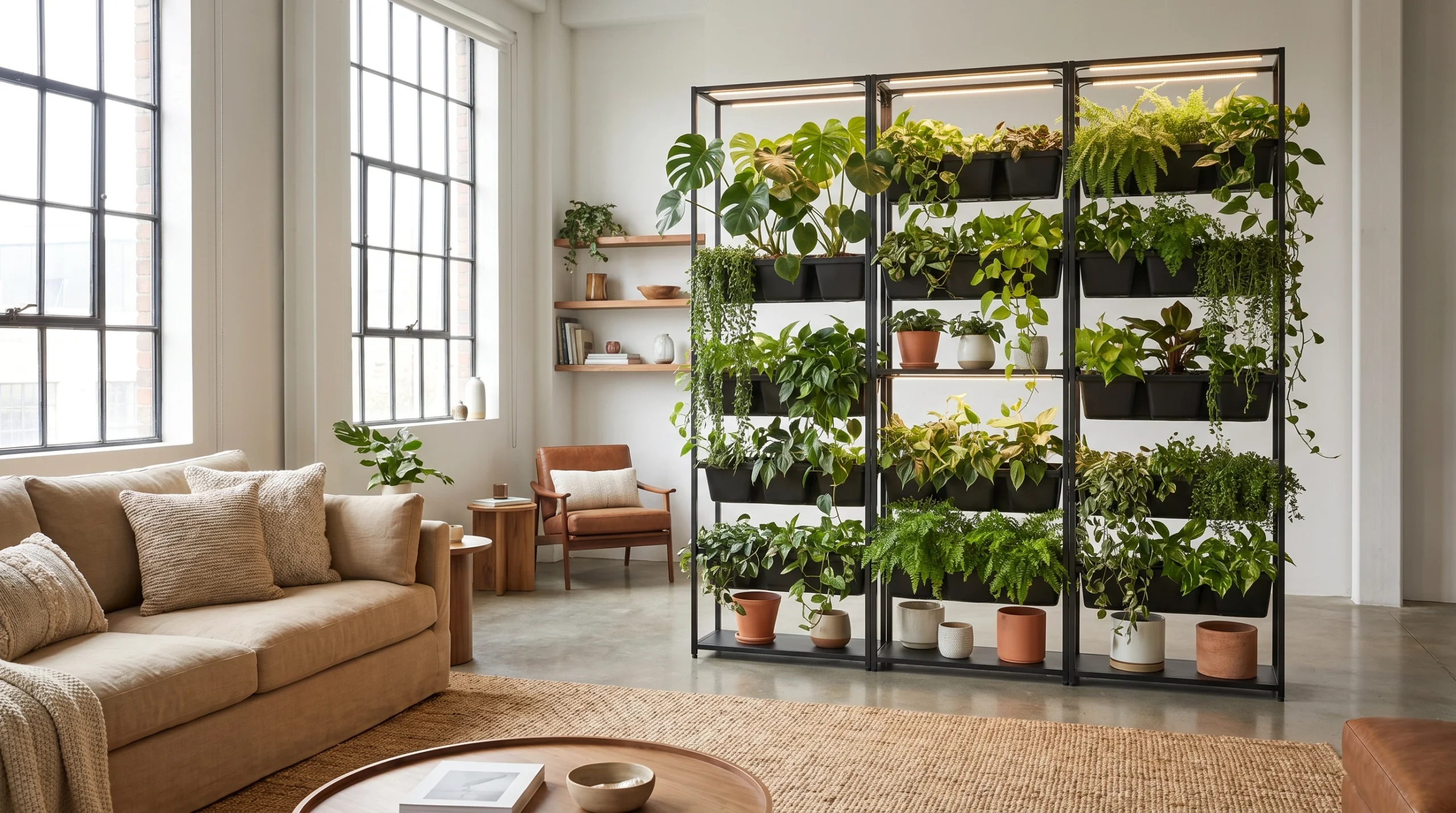 Vertical living plant wall room divider with black metal frame and lush indoor greenery in a modern living room.