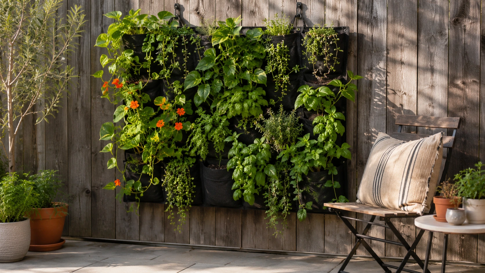 Vertical fabric plant wall with herbs and trailing greenery on a wooden patio fence.