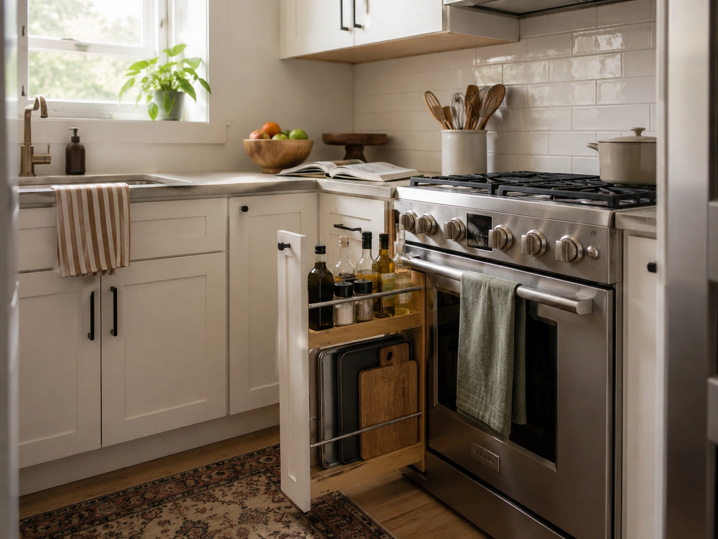 Small kitchen with a vertical pull-out spice and oil rack beside a stainless steel range