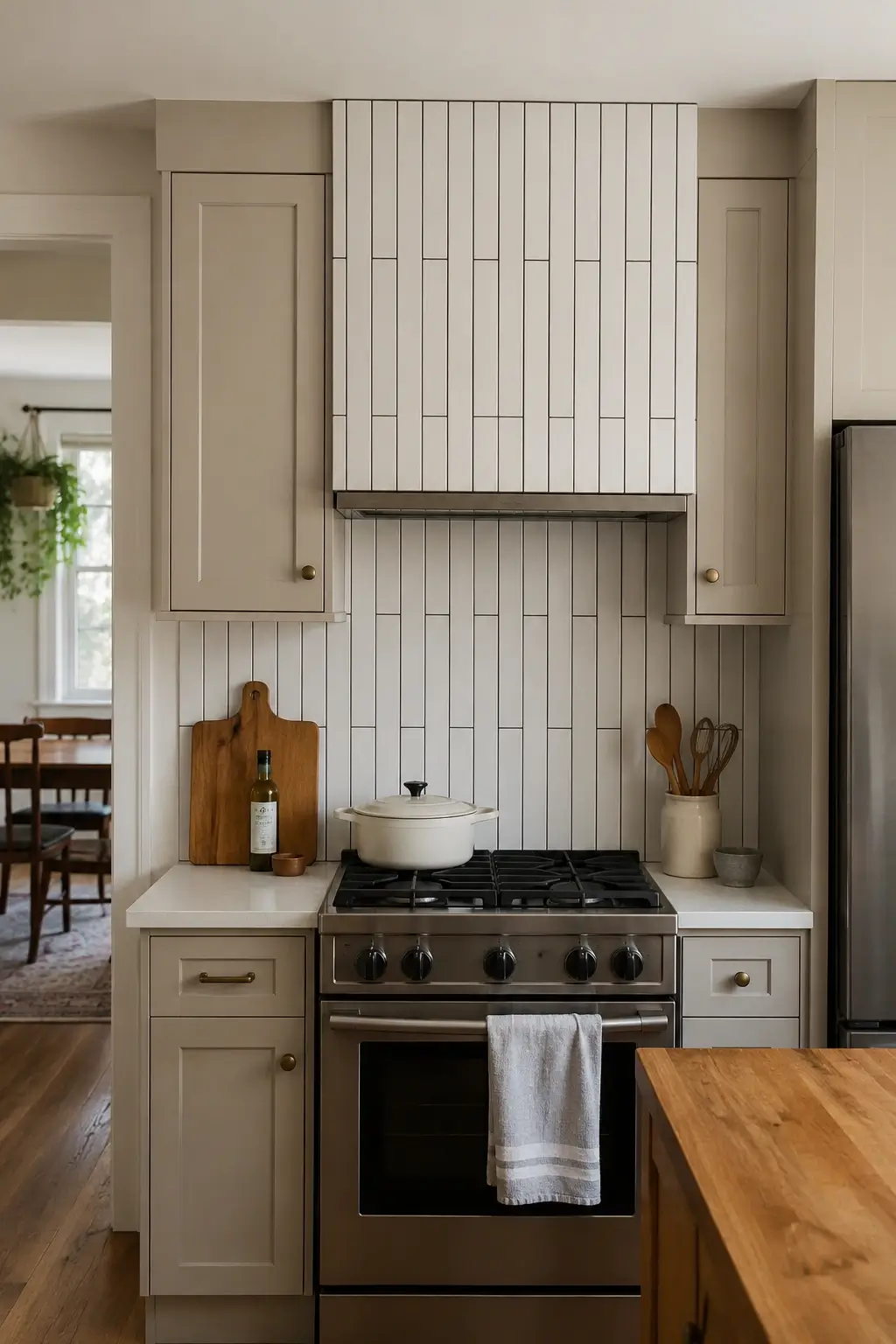 Vertical subway tile runs up a slim range hood in a beige kitchen to make the low ceiling feel taller.