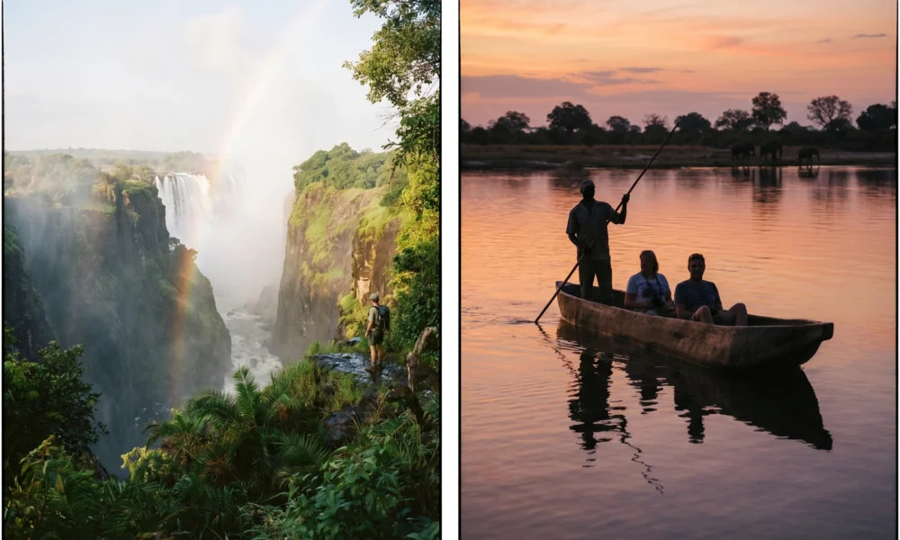 Victoria Falls spray and Zambezi canoe safari at sunset with travelers on the river.