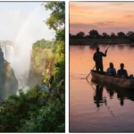Victoria Falls spray and Zambezi canoe safari at sunset with travelers on the river.