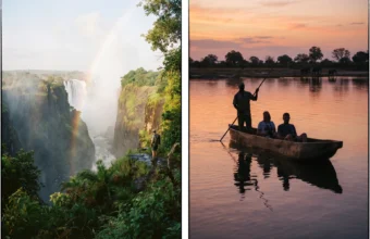 Victoria Falls spray and Zambezi canoe safari at sunset with travelers on the river.