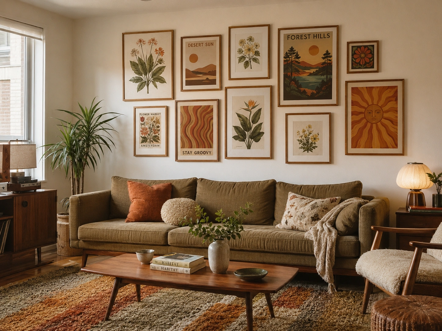 Vintage botanical and retro art posters above an olive sofa in a warm mid-century living room.