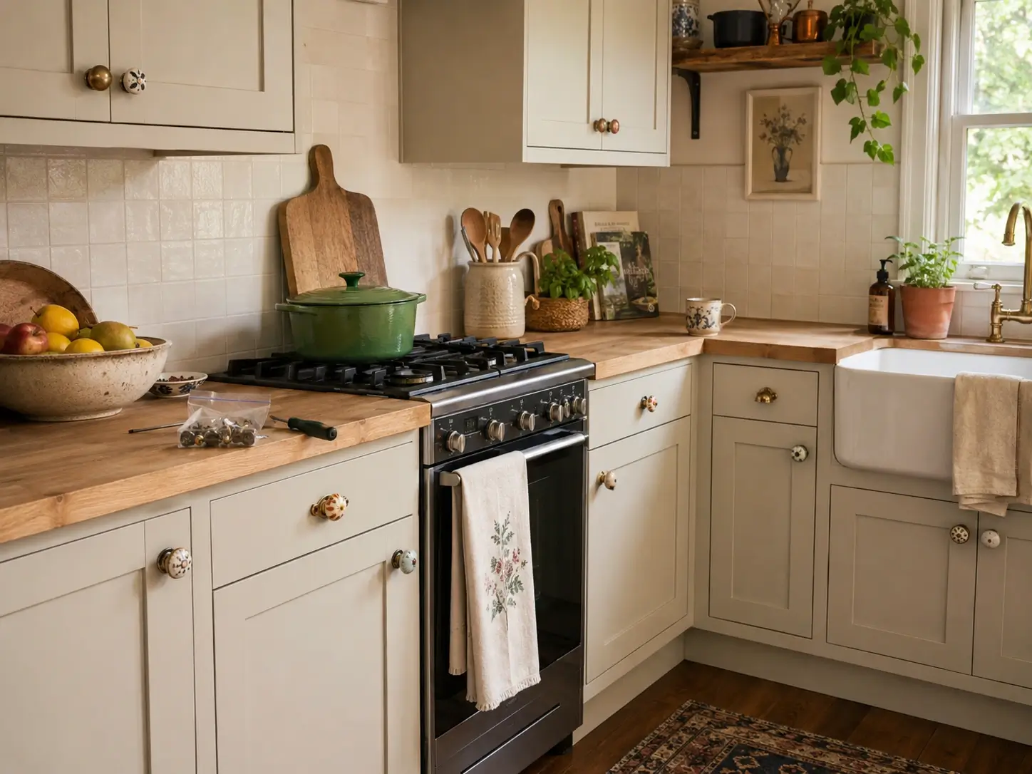 Cream cottage kitchen cabinets with vintage brass mushroom and acorn knobs, wood counters, and green pot