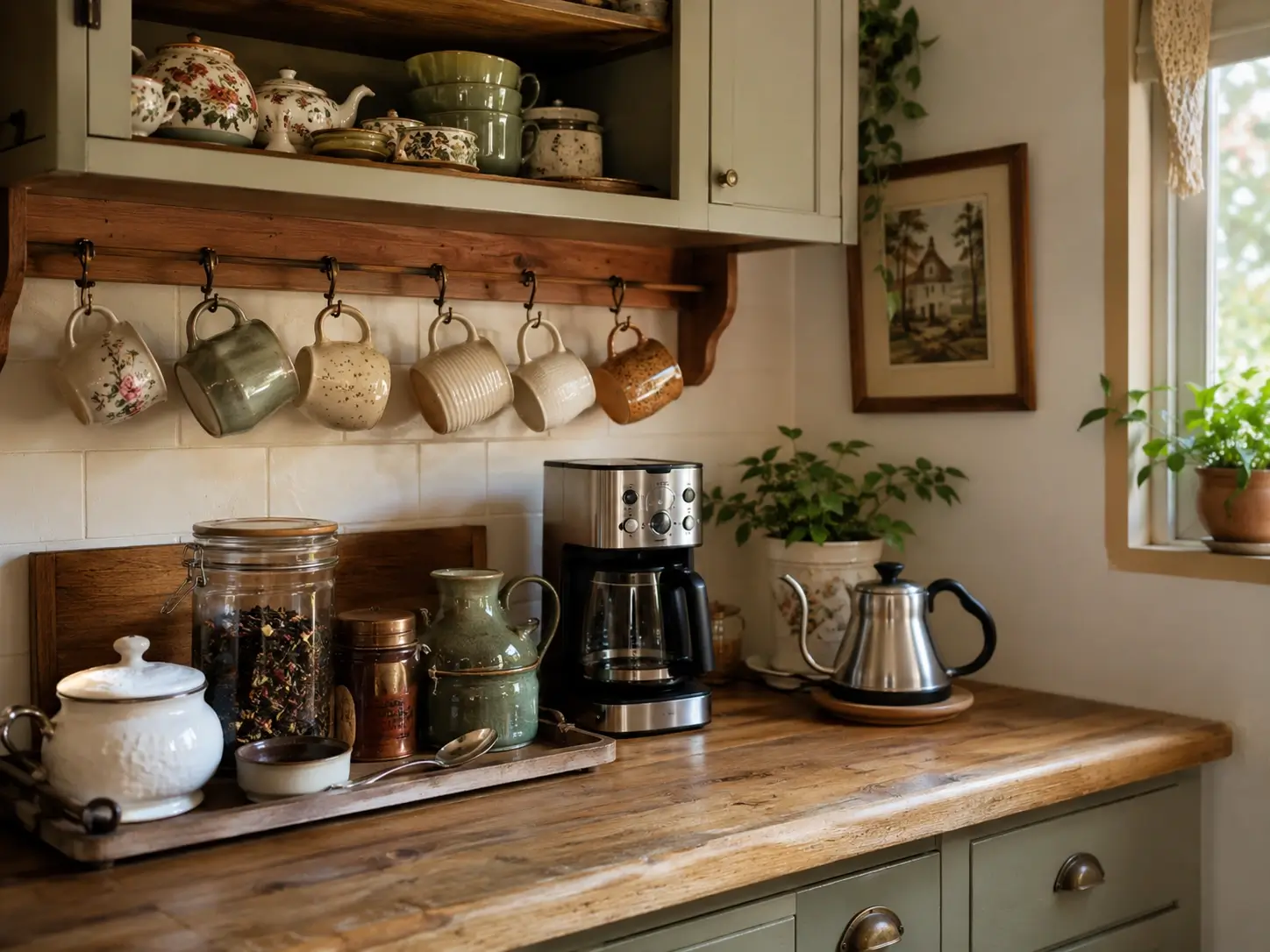 Vintage coffee and tea station with hanging mugs, floral teapots, wood counter, coffee maker, kettle and plants.