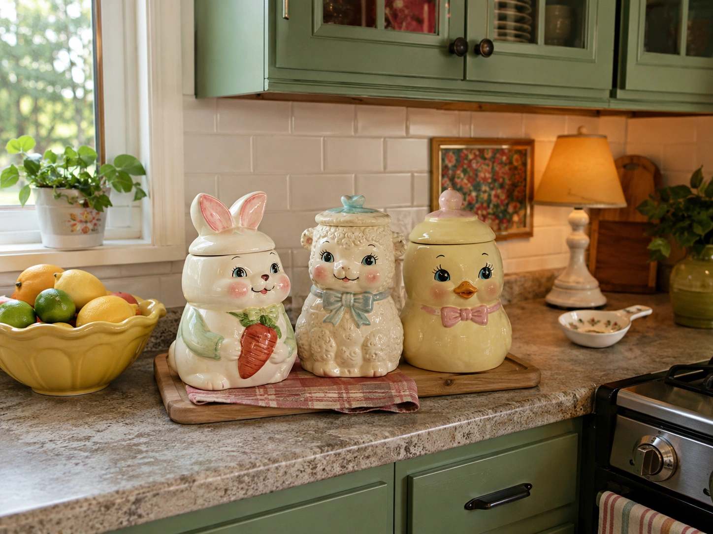 Vintage bunny, lamb, and chick cookie jars displayed on a cozy green kitchen countertop.
