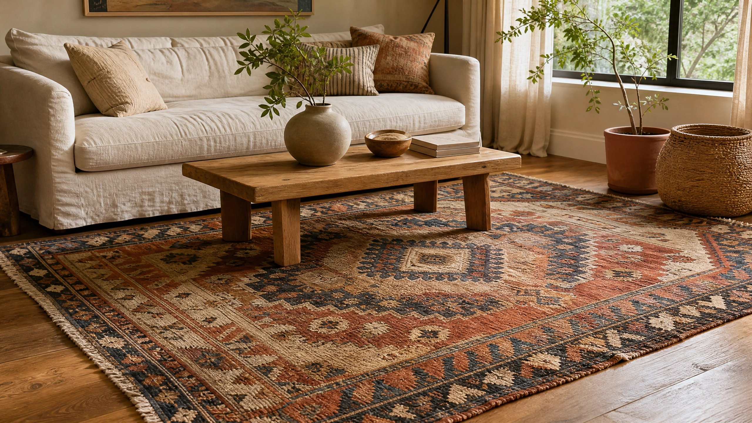 Cozy earthy living room with a vintage kilim rug, linen sofa, wood coffee table, plants, and warm natural light.