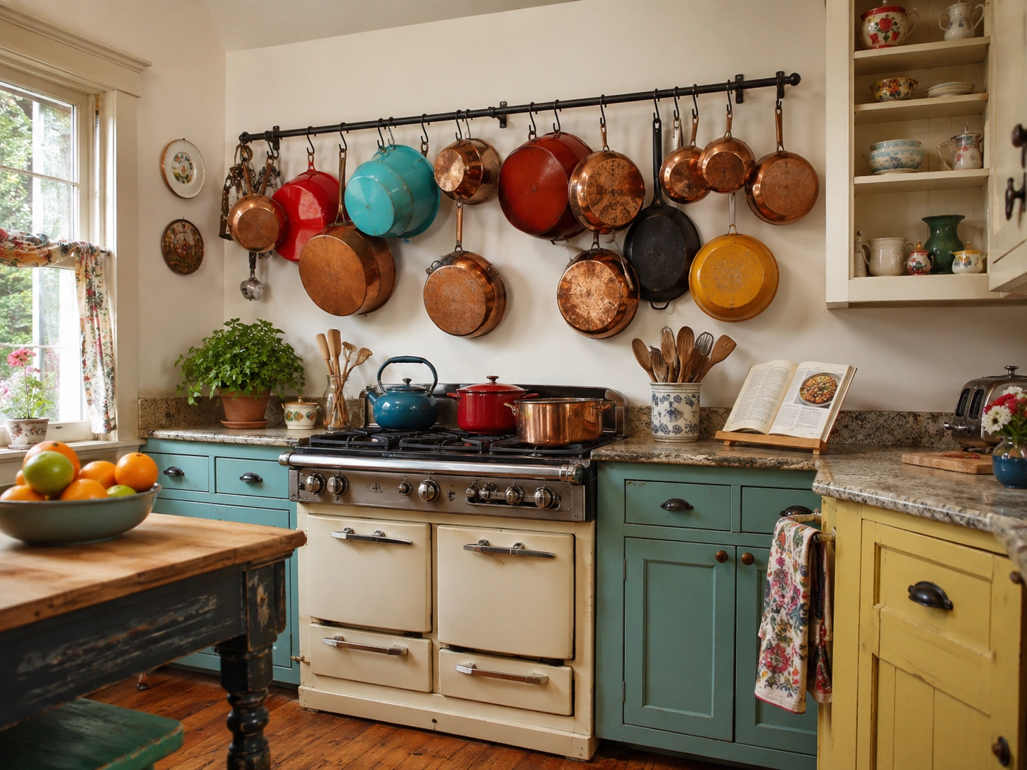 Vintage kitchen pot rack with copper pans and colorful enamel cookware above a cream range.