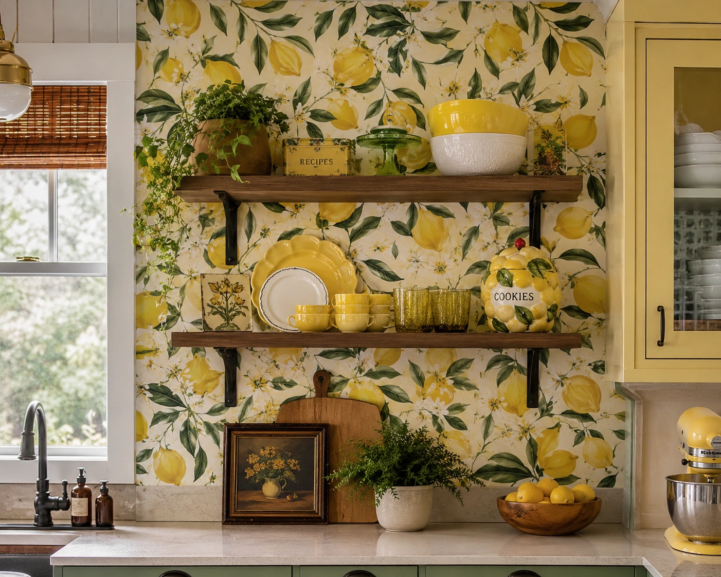 Vintage lemon peel-and-stick wallpaper on a single kitchen wall with open shelves and yellow decor.