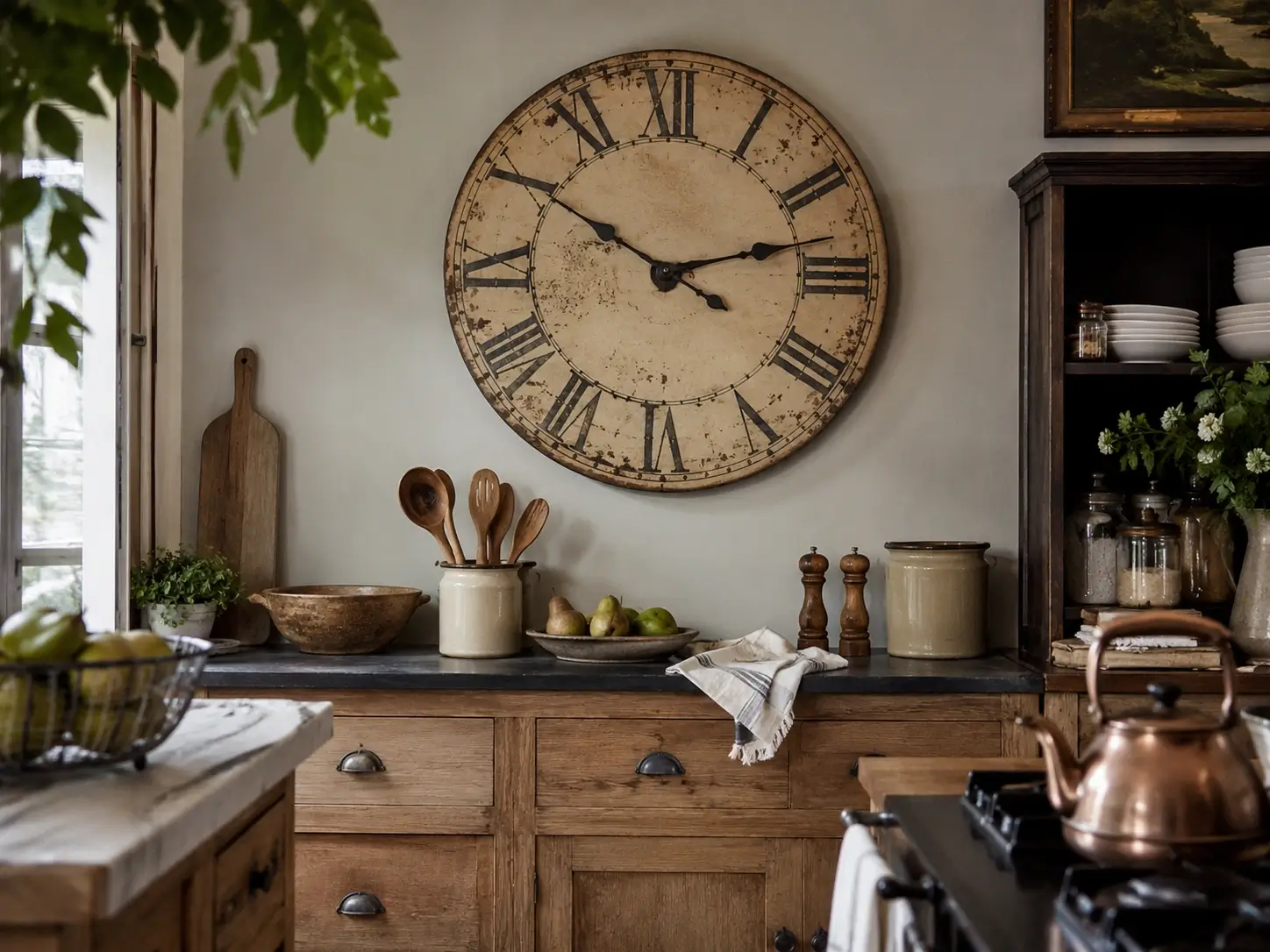 Vintage Roman numeral wall clock above a rustic kitchen counter.