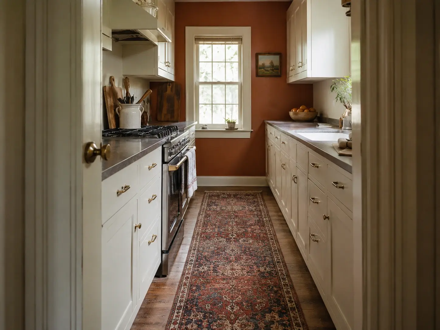 Vintage runner down a narrow galley kitchen aisle with cream cabinets and a terracotta end wall.
