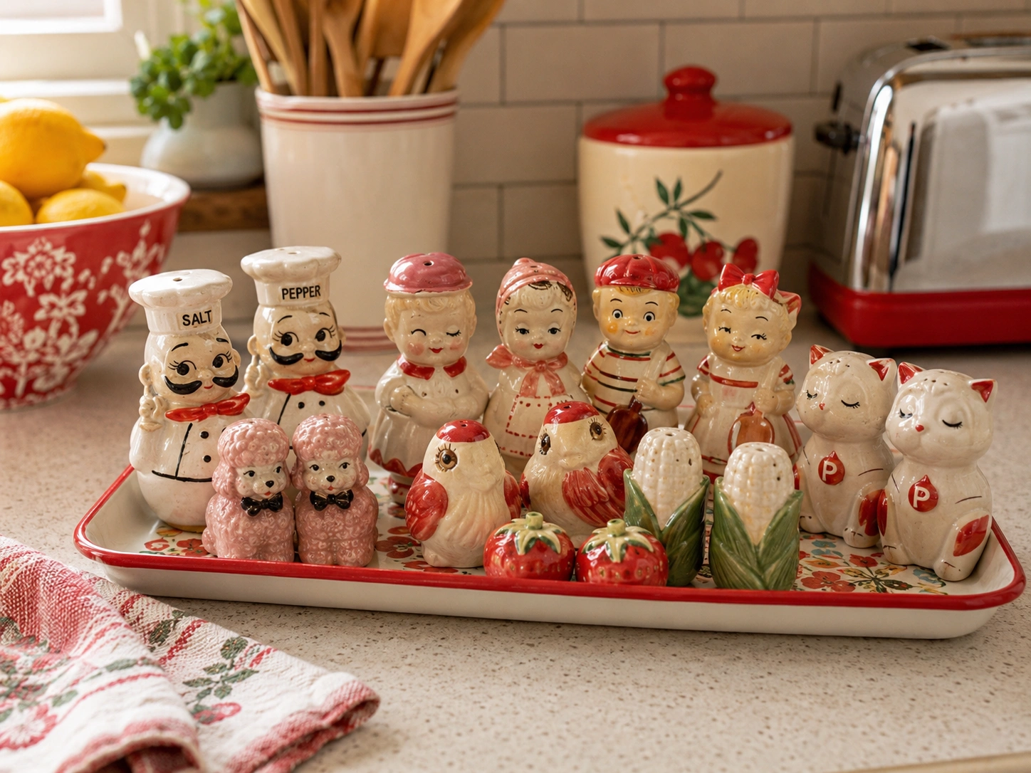Vintage salt and pepper shaker collection arranged on a red tray in a retro kitchen.