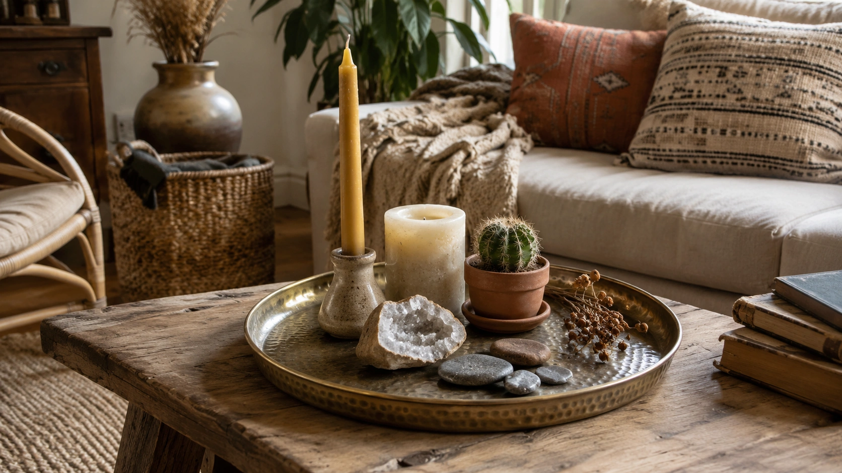 Vintage brass tray vignette with candles, cactus, crystal and stones on a boho coffee table.