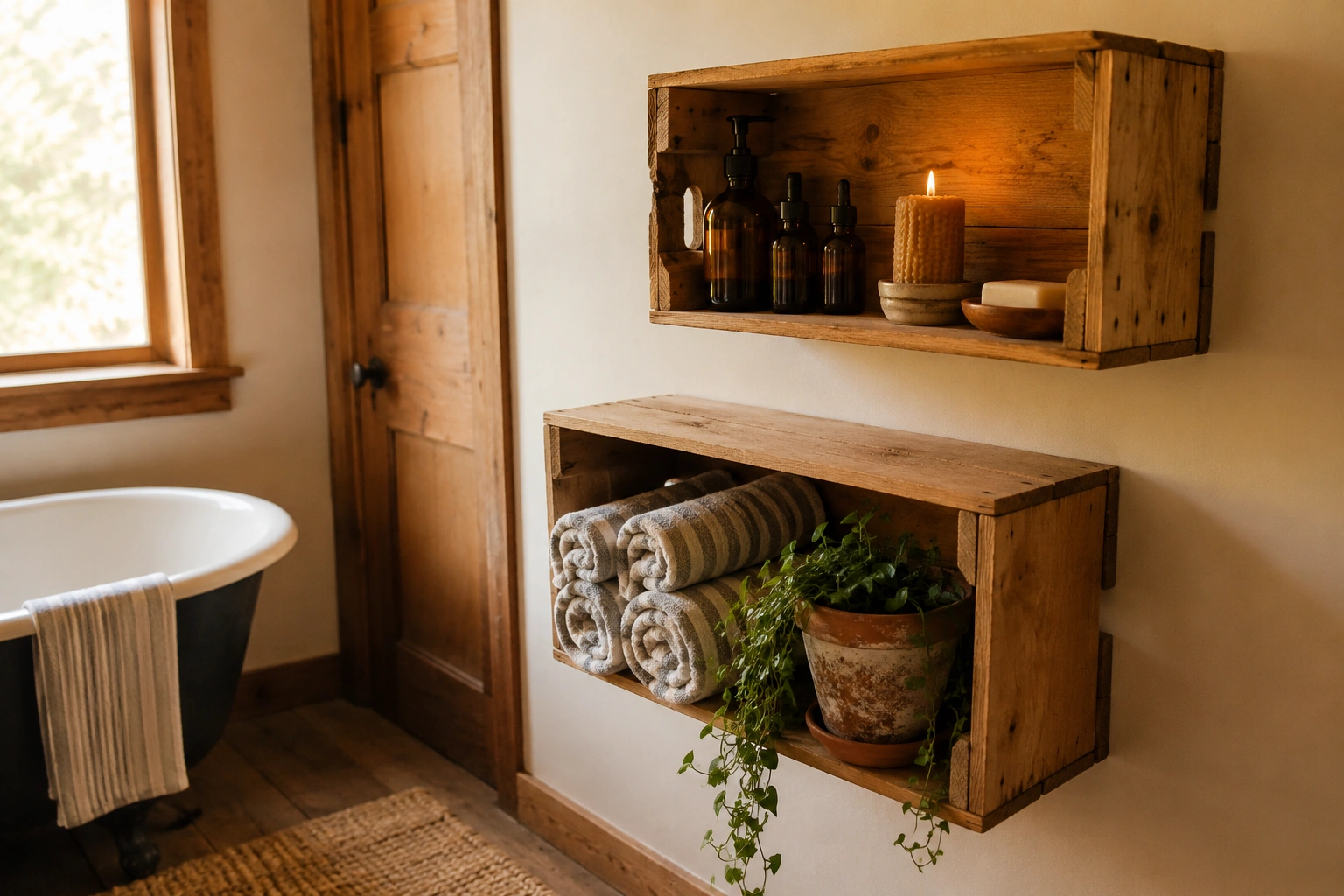 Vintage wood crate stacked shelves with rolled towels, amber bottles, candle and trailing plant in a rustic bathroom.