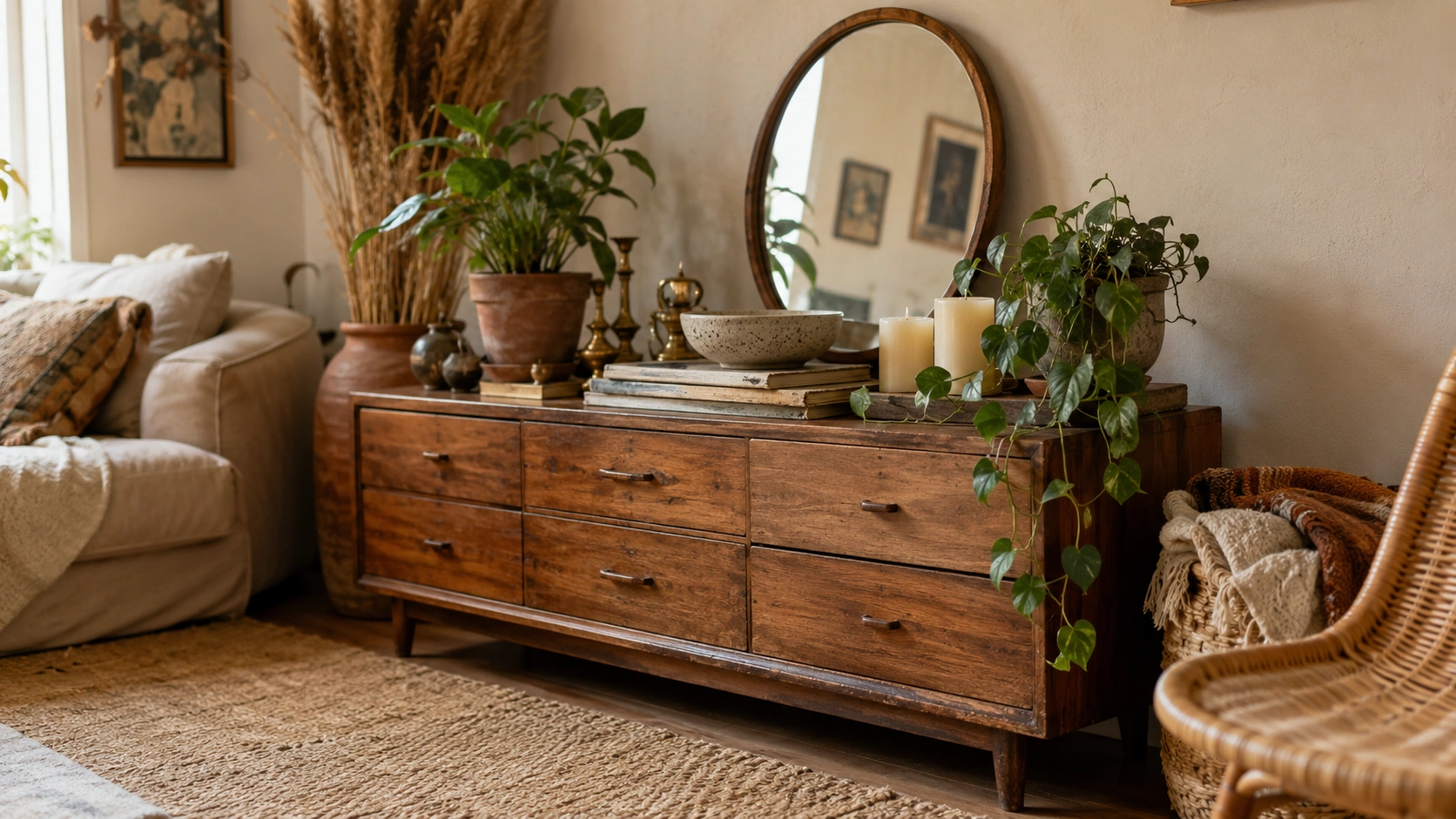 Vintage wooden sideboard styled as a boho display shelf with plants, books, candles, and mirror.