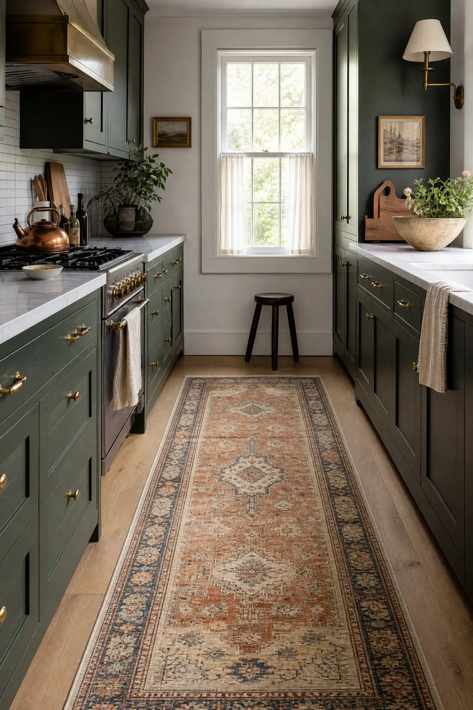 Vintage wool runner grounding a deep green galley kitchen with brass hardware and marble counters.