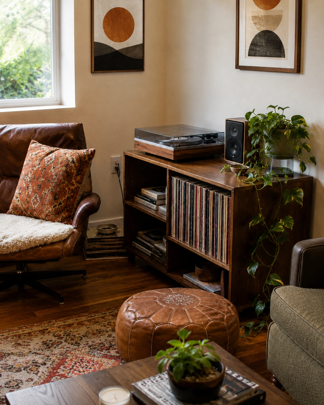 Cozy vinyl corner with record player, open wood shelf, records, leather chair, and trailing plant.