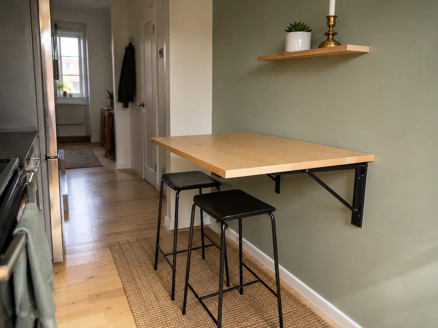 Wall-mounted fold-down dining table with black stools in a small apartment kitchen.