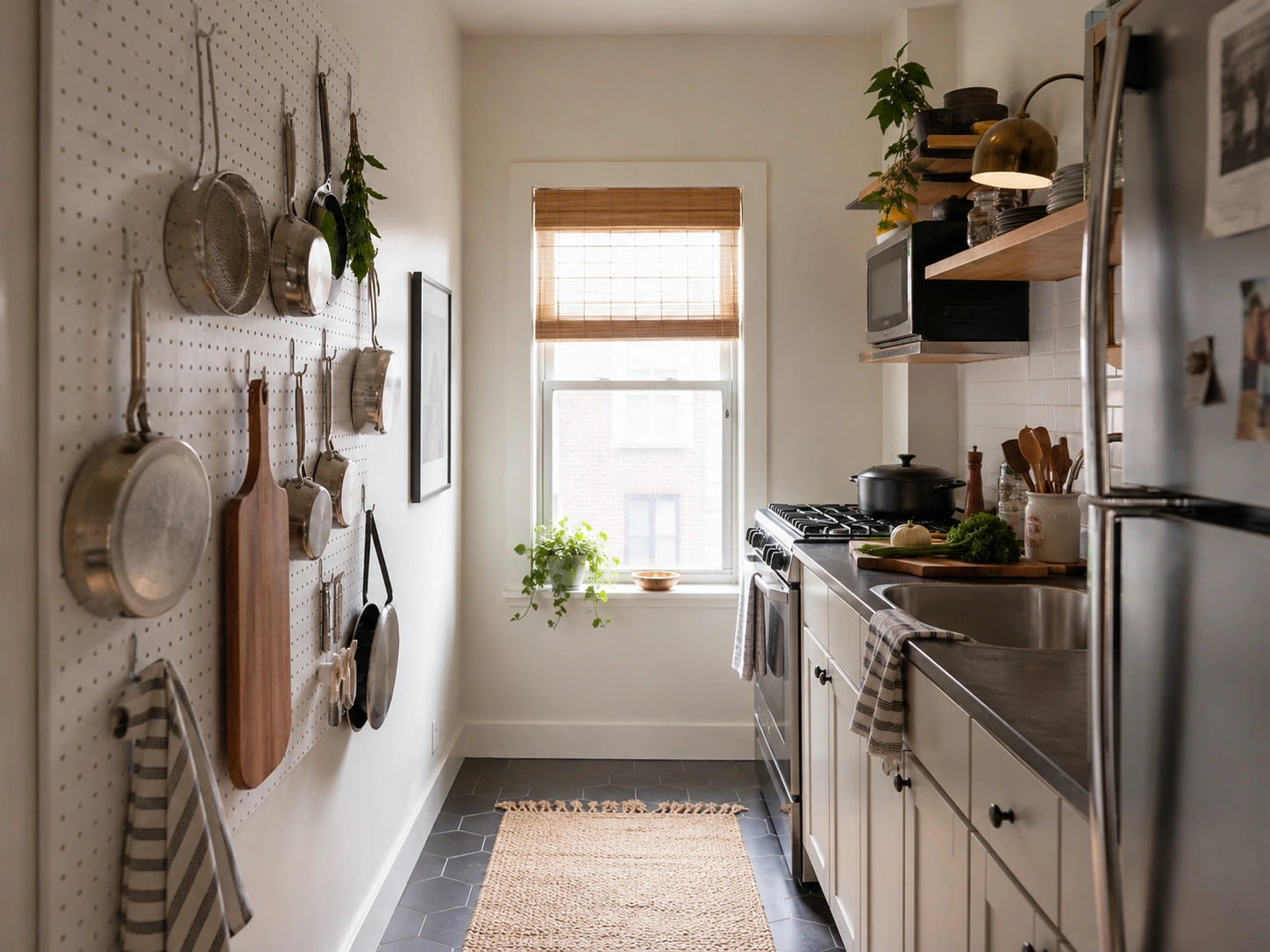 Wall-mounted kitchen pegboard with hanging pots, pans, utensils, and cutting board in a small galley kitchen.