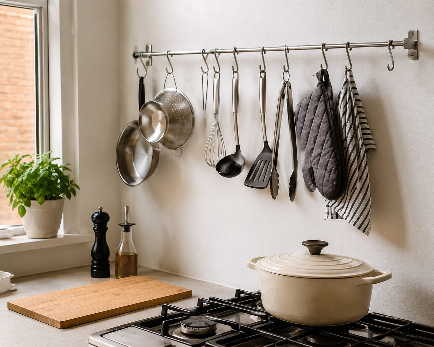 Wall-mounted kitchen rail with S-hooks holding pans, utensils, oven mitts, and towels above a compact stove.