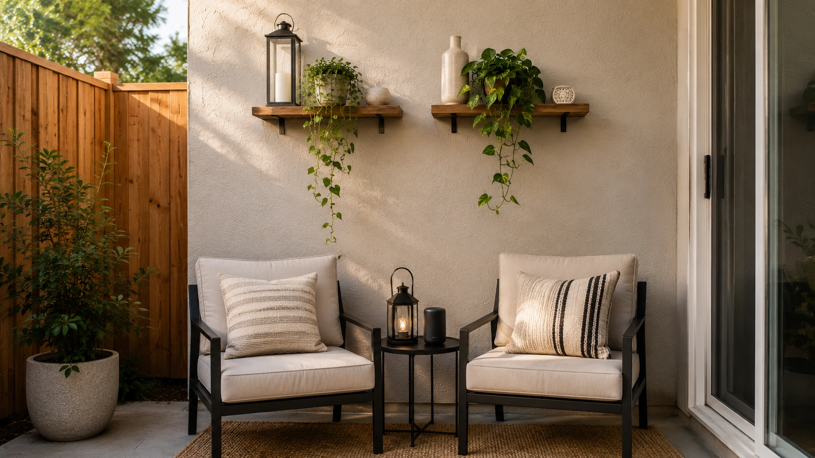 Small patio with wall-mounted shelves, trailing plants, lanterns, and open floor seating area.
