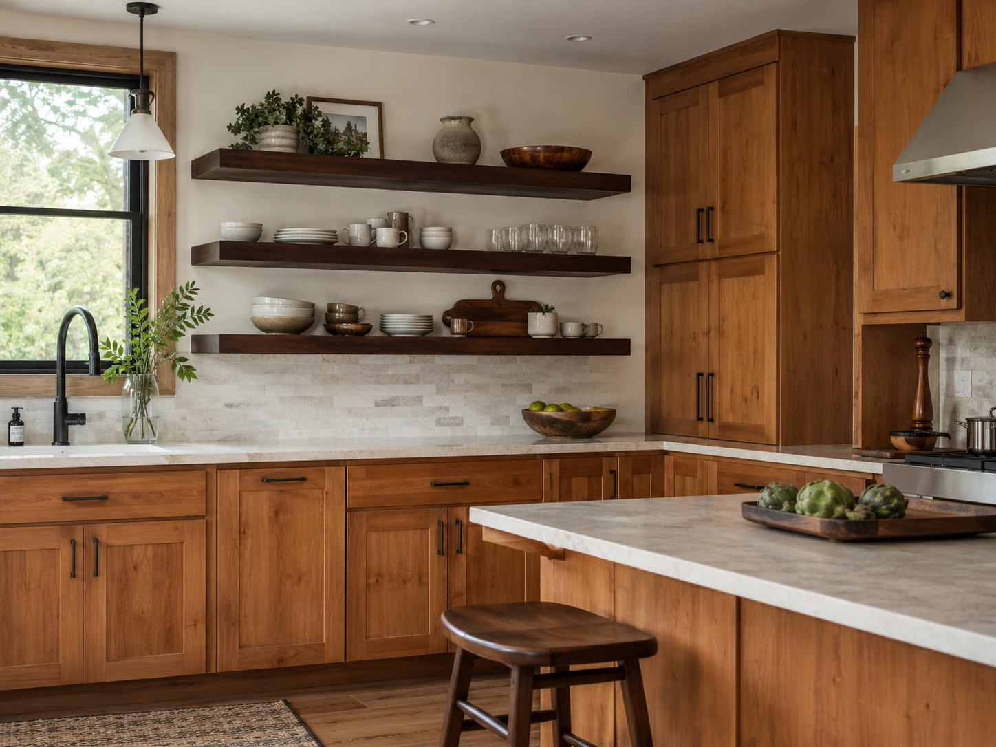Walnut floating shelves above alder kitchen cabinets with white stone counters and black hardware.