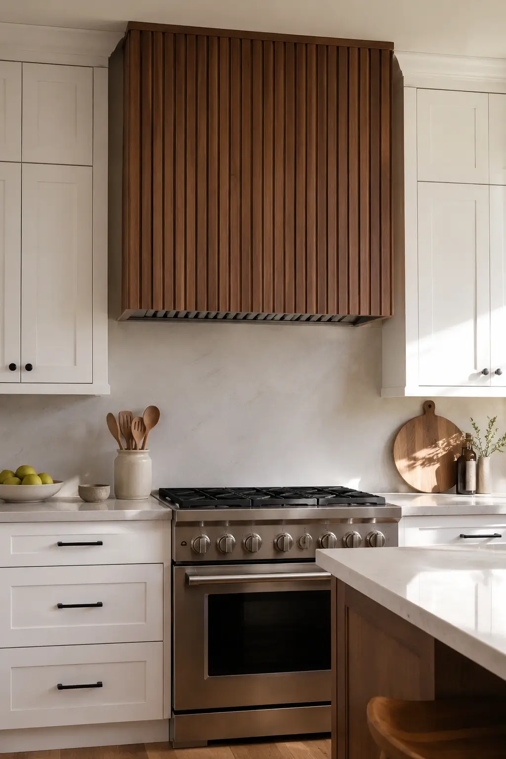 Walnut vertical slat range hood above a stainless stove in a bright white kitchen