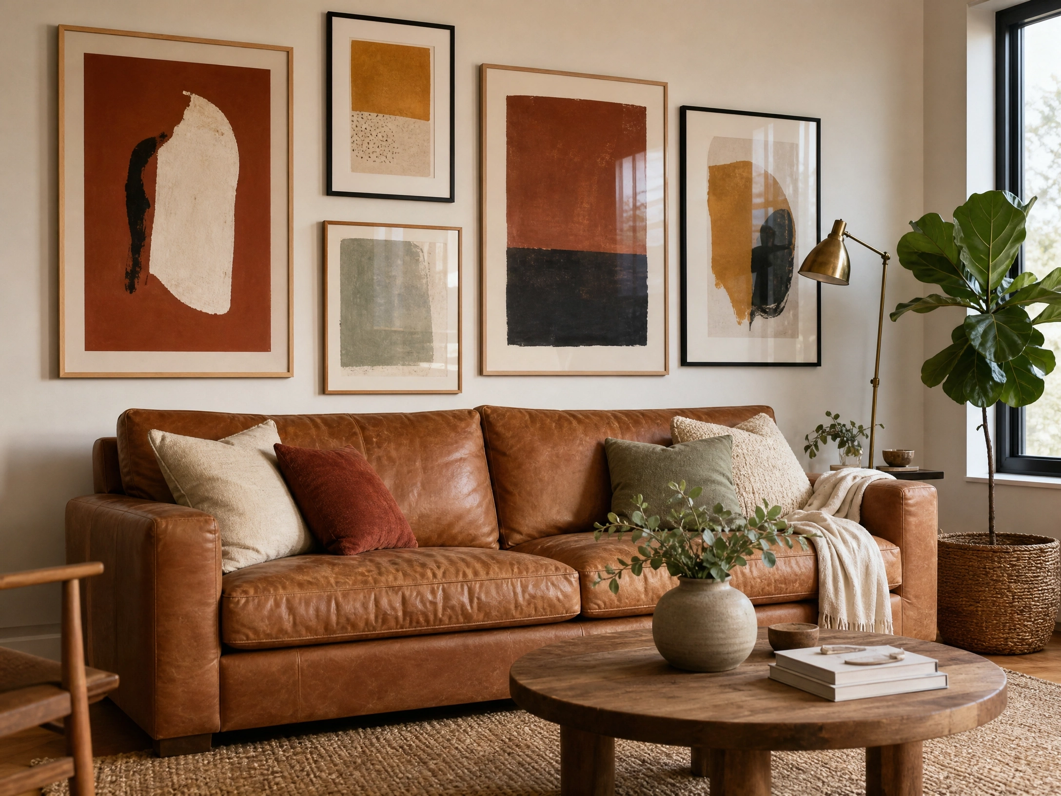 Warm abstract gallery wall above a brown leather couch in a cozy modern living room