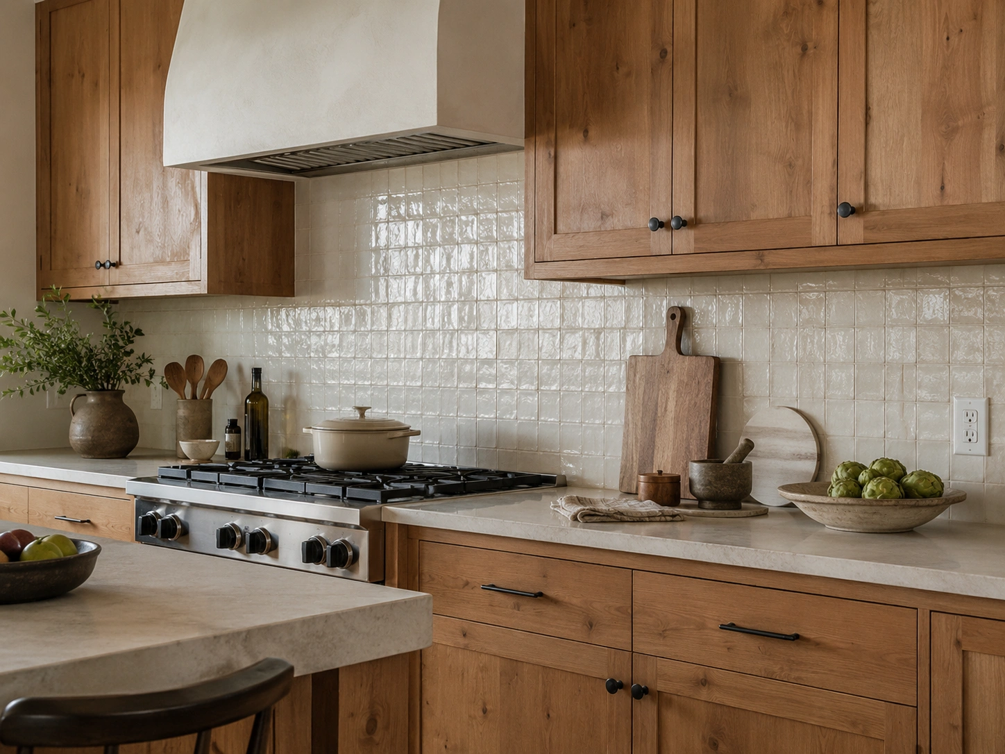 Warm alder kitchen cabinets with a light brick-style zellige backsplash, walnut shelves, and white stone countertops.