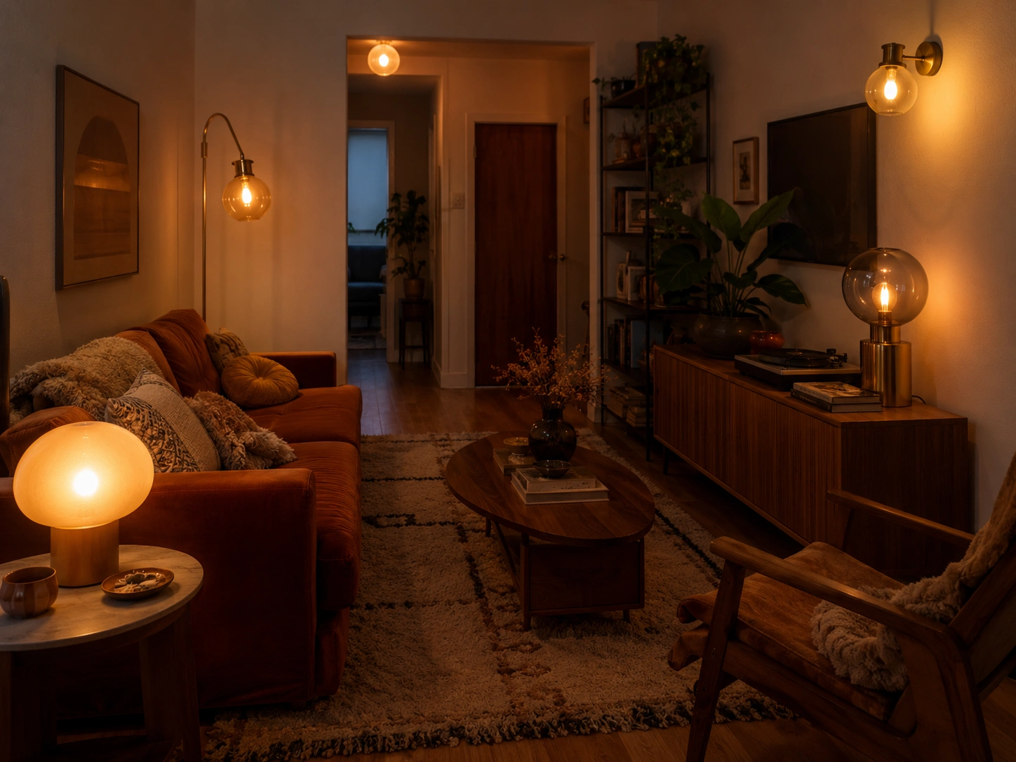 Cozy living room with warm amber globe lights, rust sofa, wood media console, and layered vintage decor.