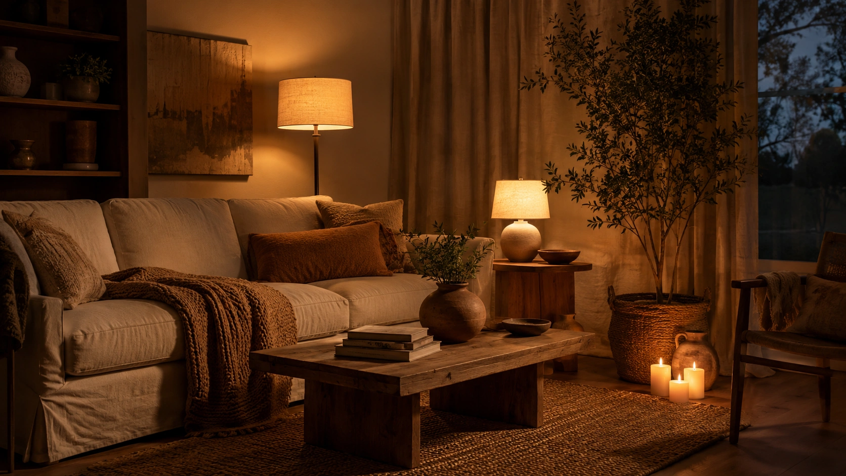 Cozy earthy living room with warm amber floor lamp, table lamp, candles, linen sofa and natural textures.