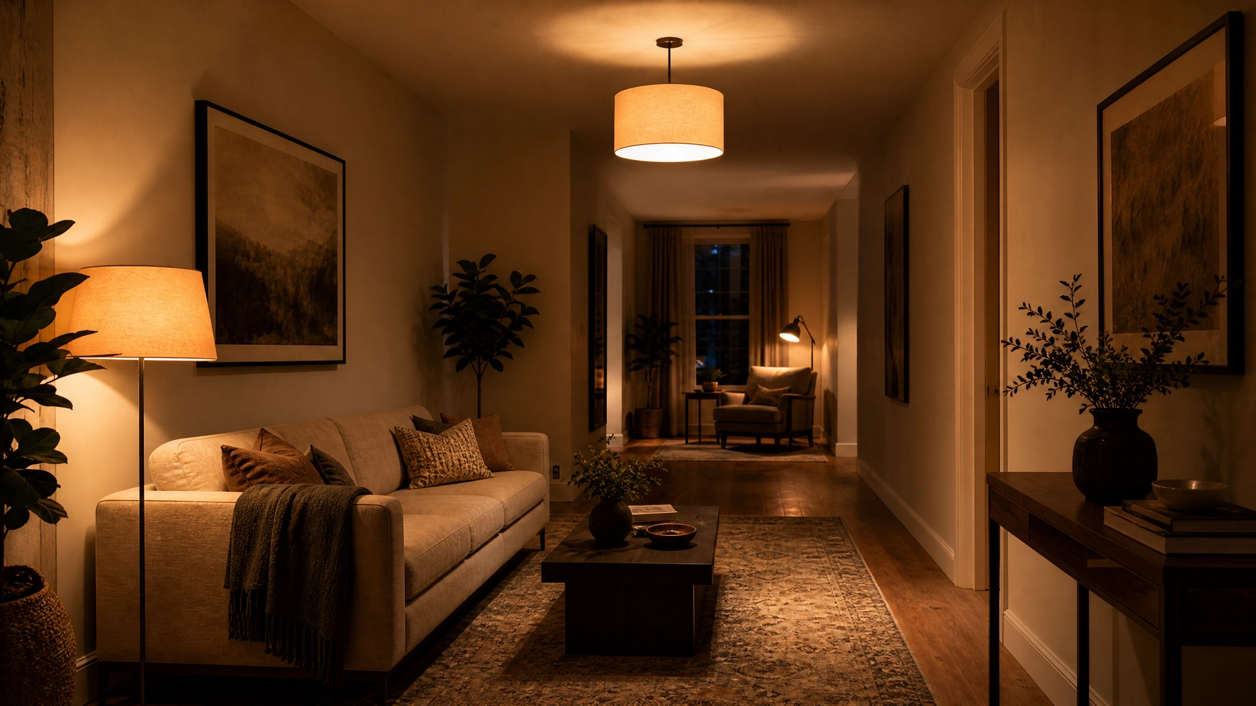 Warm ambient living room with layered ceiling, floor, and table lighting in a cozy modern interior.