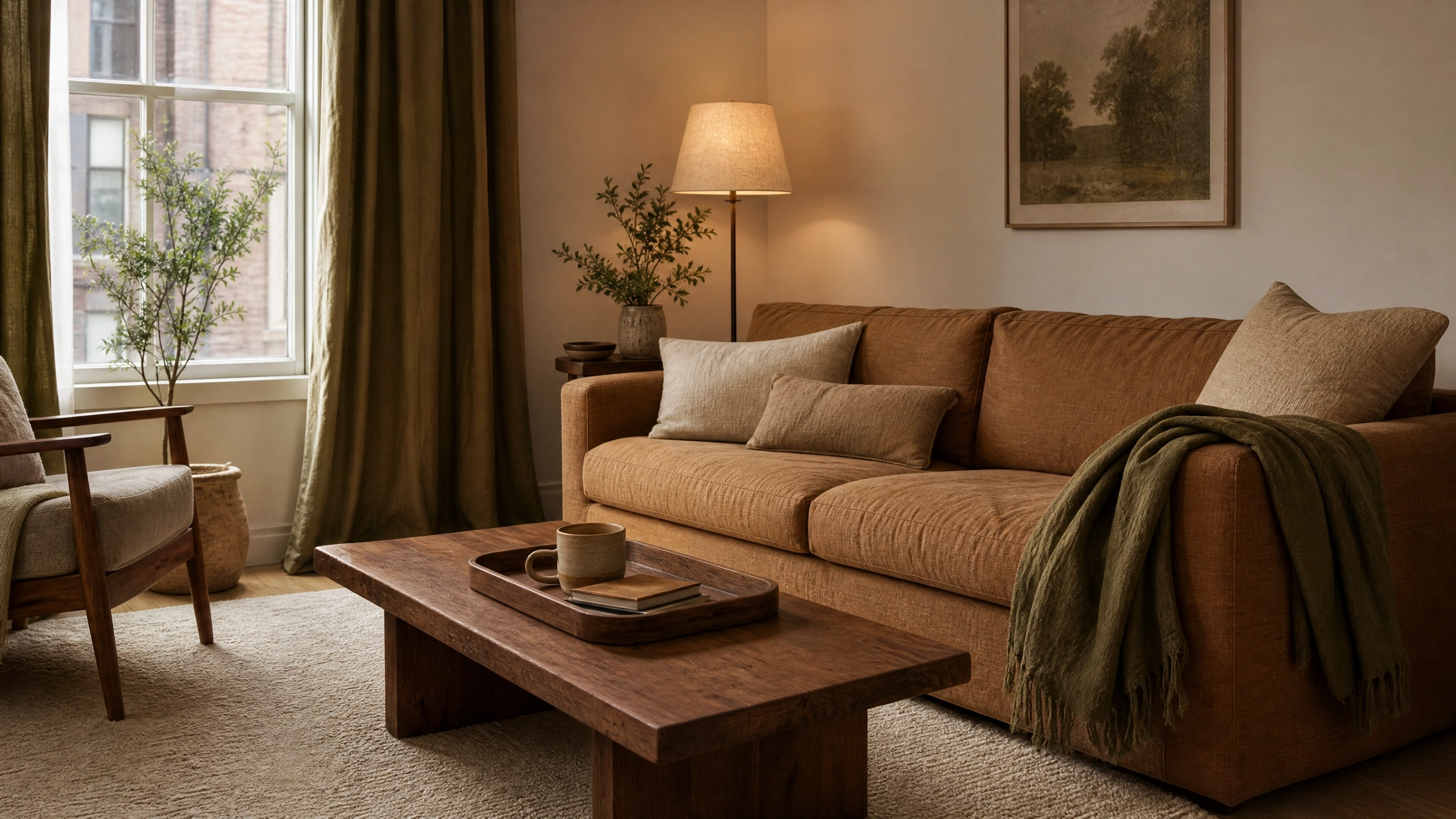 Earthy living room with camel sofa, olive curtains, warm wood table, and brown neutral layers.