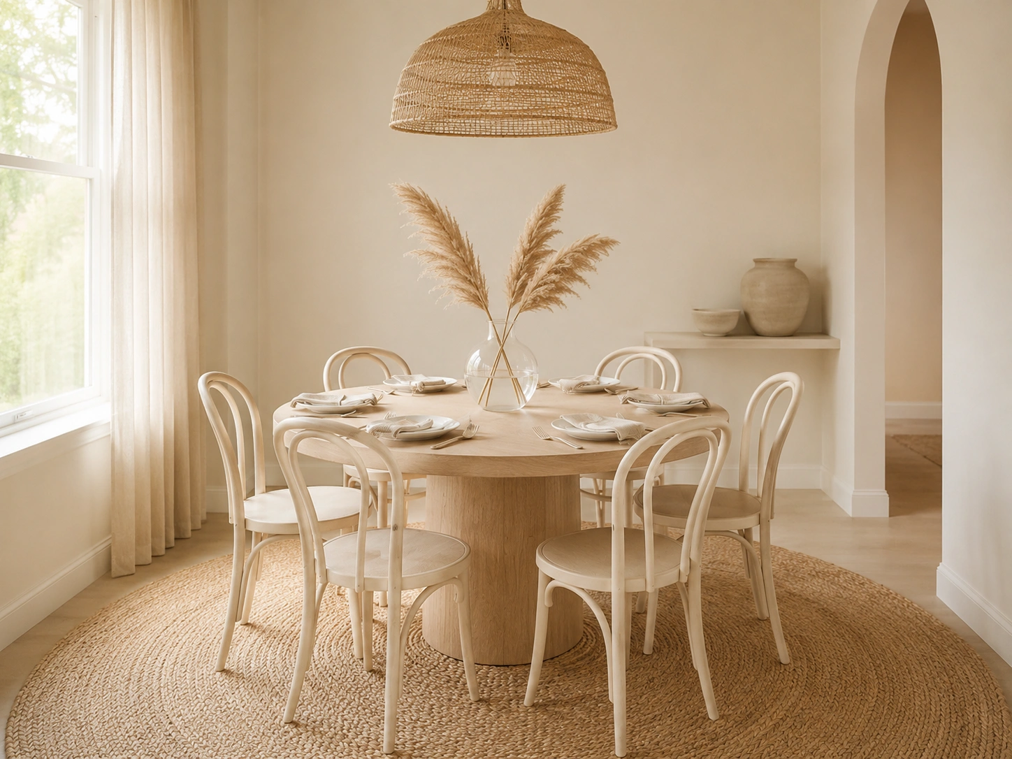 Warm cream dining room with round oak table, white bentwood chairs, rattan pendant light, jute rug, and pampas grass.