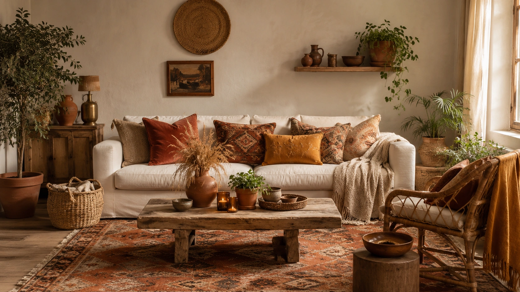 Bohemian living room with warm earthy color palette, cream sofa, rust pillows, wood table, plants, and woven decor.