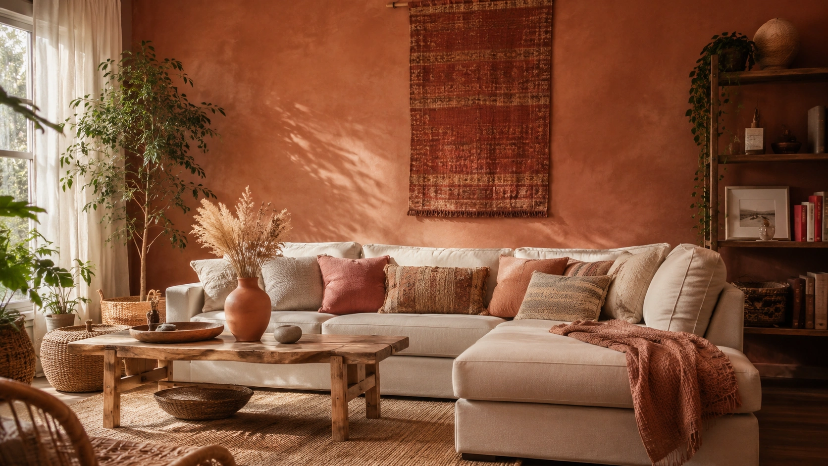 Warm earthy boho living room with terracotta walls, ivory sofa, layered pillows, plants, and wood coffee table.
