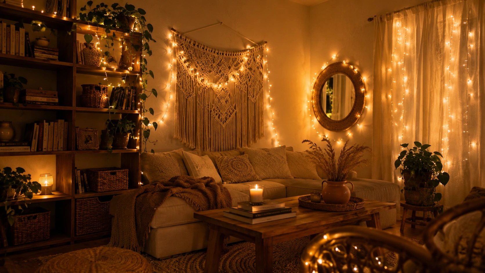 Boho living room with warm fairy string lights around macramé, mirror, bookshelf, and sheer curtains.